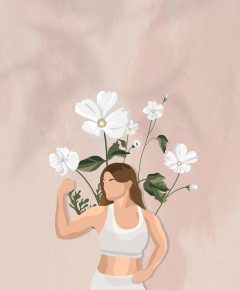 Flexing muscles border vector background with floral yoga woman illustration